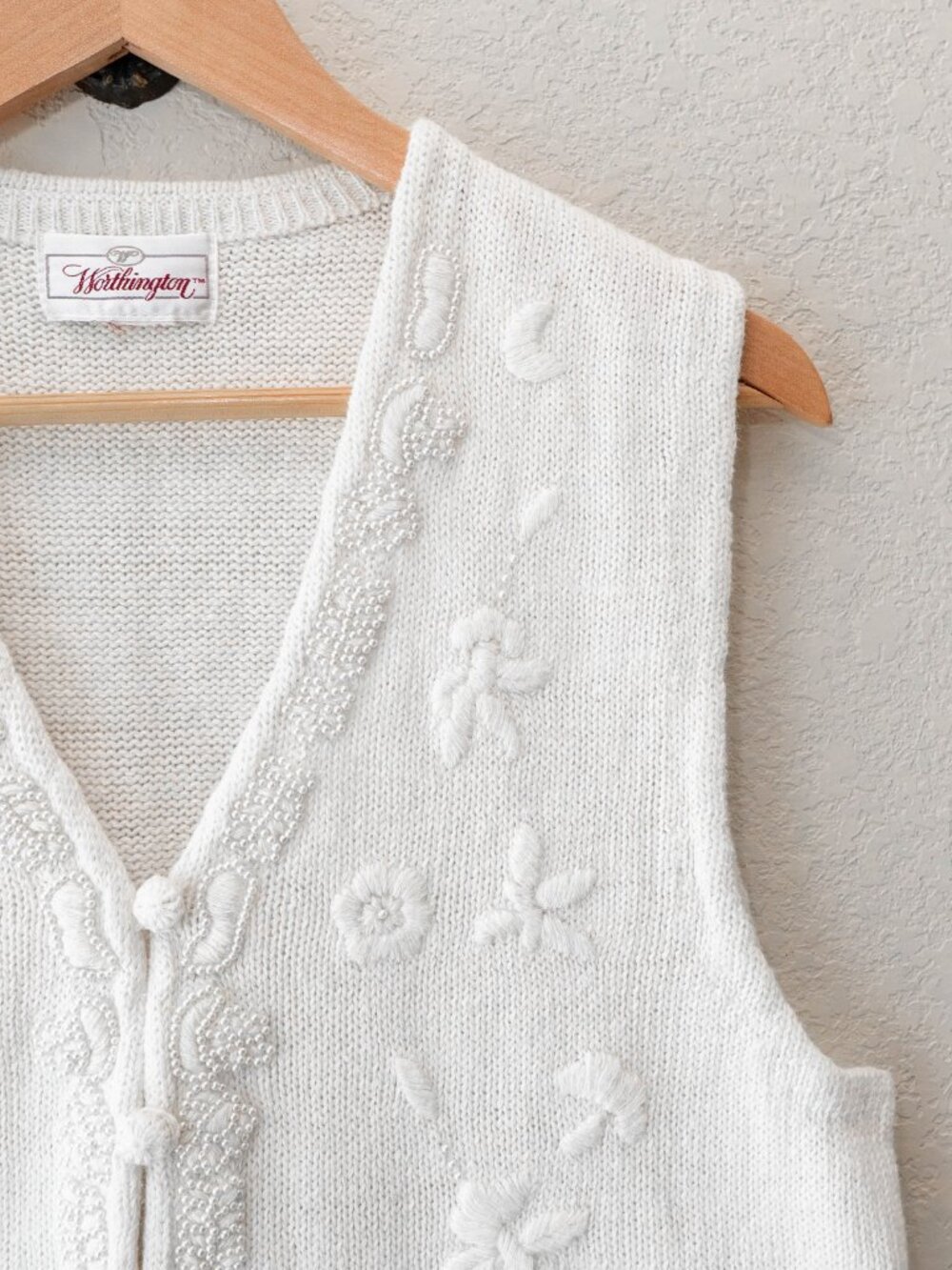 Vintage Worthington Beaded Vest L White Embroidered 90s Y2K Boho Cottagecore - Picture 4 of 11